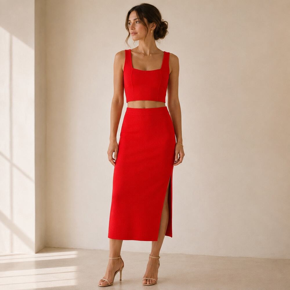 House of Harlow 1960 Red Knit Crop Top Midi Skirt 2 Piece Set XS NWT Date Night